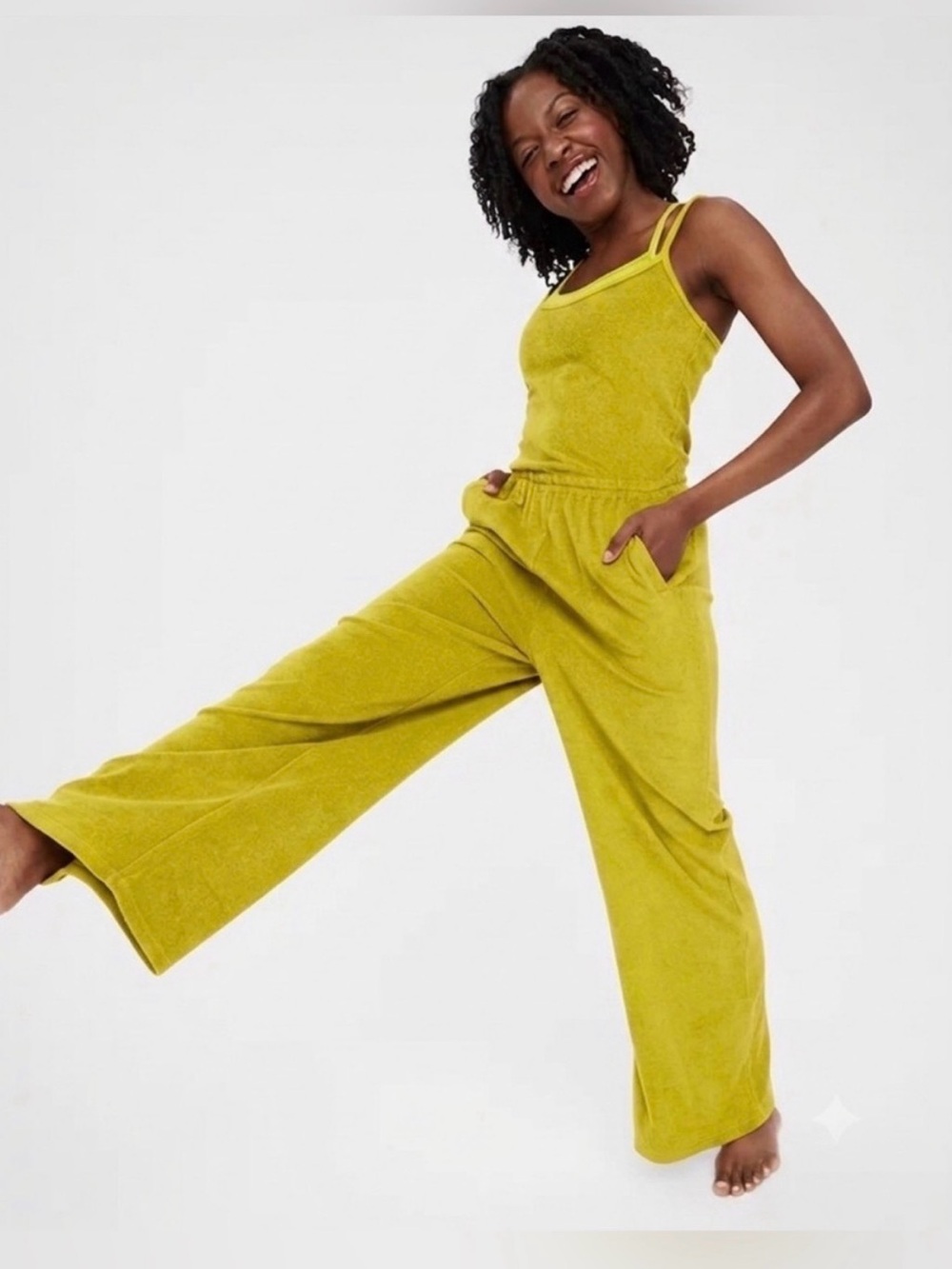 OFFLINE by Aerie Summer Lights Terry Jumpsuit M chartreuse pockets comfy boho
